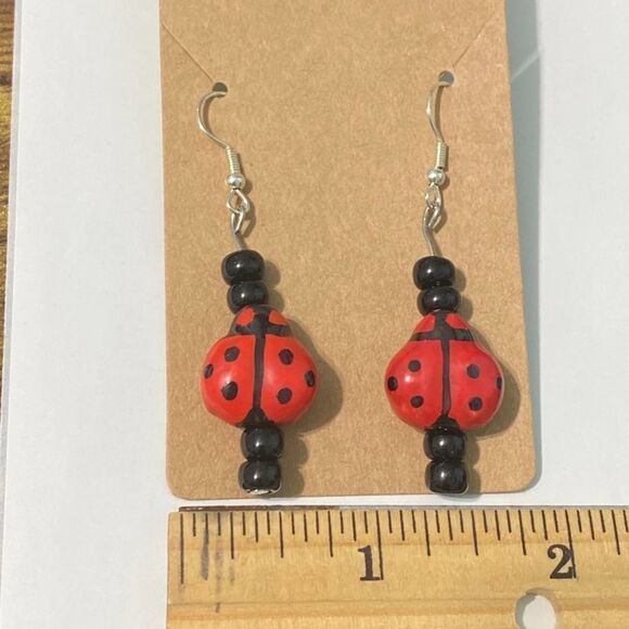 Ladybug Dangle Drop Slip On Beaded Statement Earrings Red Black Silver Tone - Picture 2 of 3